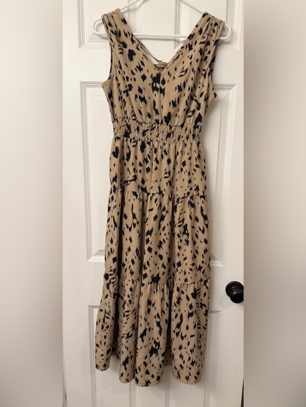 Tiered V-Neck Sleeveless Dress in Beige with Black Print